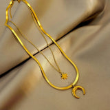 2 Layer Crescent Moon Star Choker Necklace