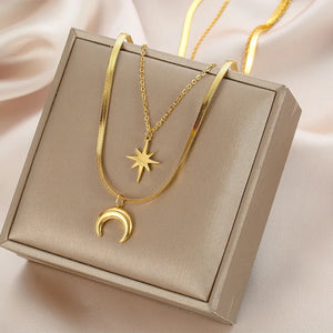 2 Layer Crescent Moon Star Choker Necklace
