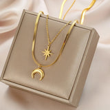 2 Layer Crescent Moon Star Choker Necklace