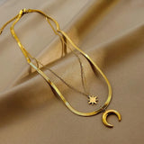 2 Layer Crescent Moon Star Choker Necklace