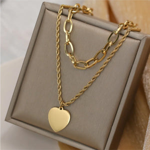 2 Layer Love Heart Charms Thick Chain Choker Necklace for Women