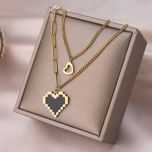 316L Stainless Steel 2 Layer Heart Charms Chain Choker Necklace
