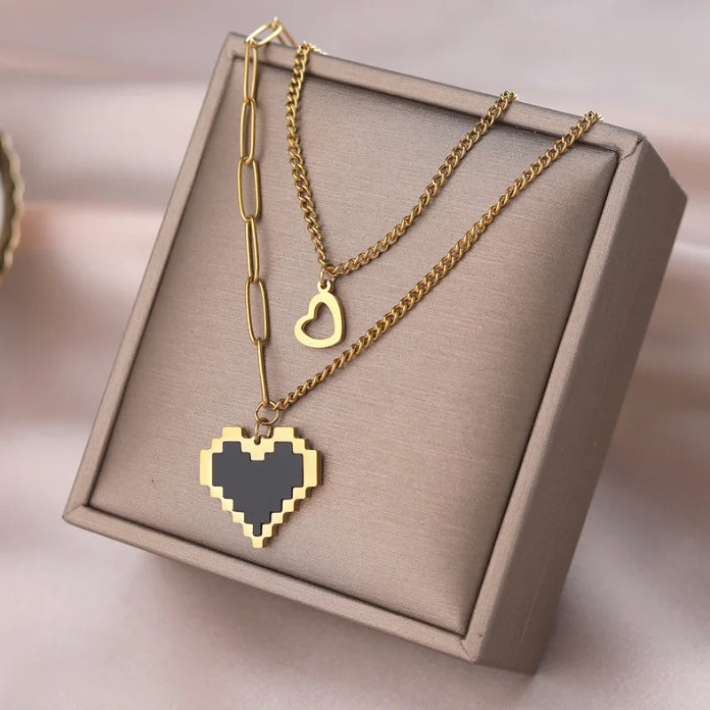 316L Stainless Steel 2 Layer Heart Charms Chain Choker Necklace