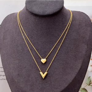 2 Layer Love Heart Letter V Charm Choker Necklace Pendant for Women