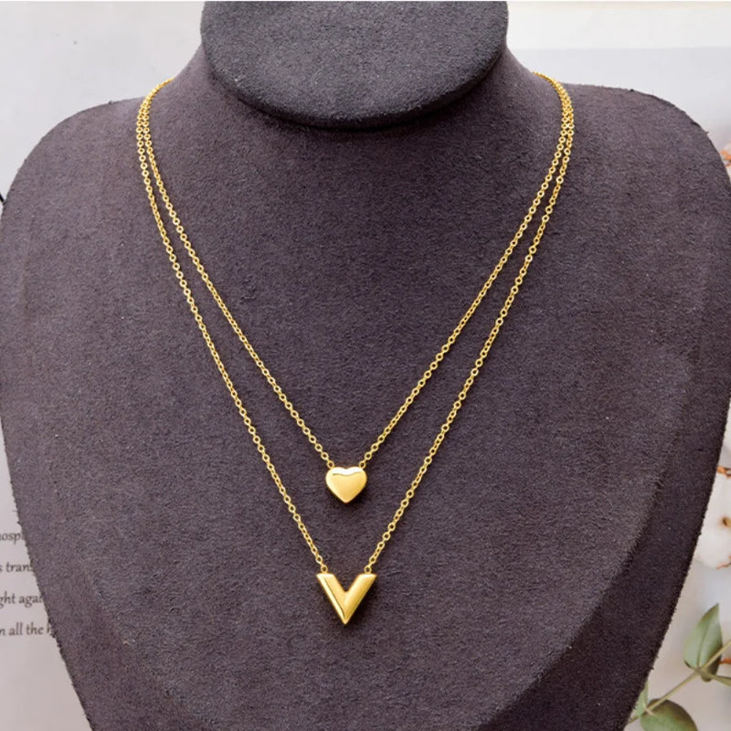 2 Layer Love Heart Letter V Charm Choker Necklace Pendant for Women