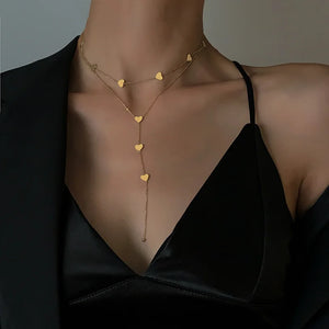 2-Layer Heart Tassel Chain Choker Necklace for Women
