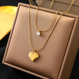 2 Layer Separable Zircon Heart Charms Chain Choker Necklaces For Women