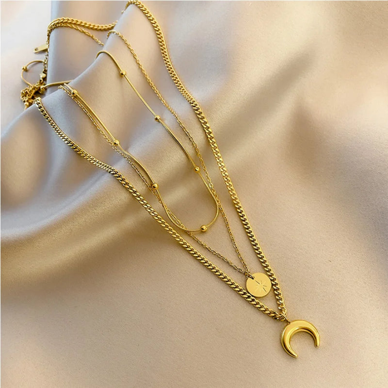 316L Stainless Steel Moon Stars Charms Chain Choker Necklace
