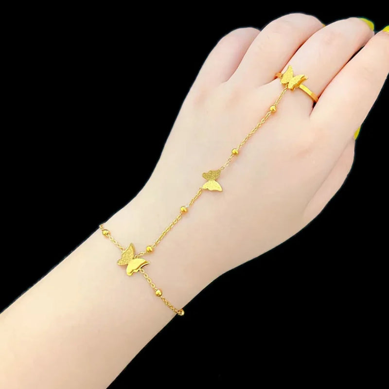 316L Stainless Steel Beaded Butterfly Charm Bracelet & Ring Combo