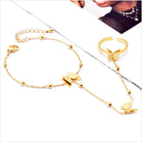 316L Stainless Steel Beaded Butterfly Charm Bracelet & Ring Combo