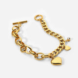 316L Stainless Steel Zircon Heart Charm Cuban Chain Bracelet for Women