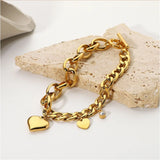 316L Stainless Steel Zircon Heart Charm Cuban Chain Bracelet for Women