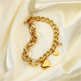 316L Stainless Steel Zircon Heart Charm Cuban Chain Bracelet for Women