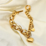 316L Stainless Steel Zircon Heart Charm Cuban Chain Bracelet for Women