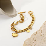 316L Stainless Steel Zircon Heart Charm Cuban Chain Bracelet for Women
