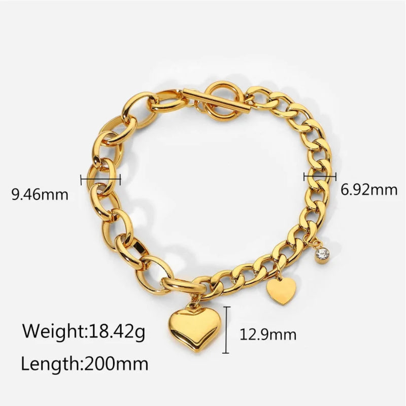 316L Stainless Steel Zircon Heart Charm Cuban Chain Bracelet for Women