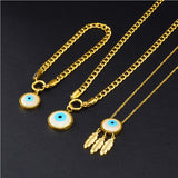 316L Stainless Steel Eye Leaves Tassel Chain Necklace Bracelet Set
