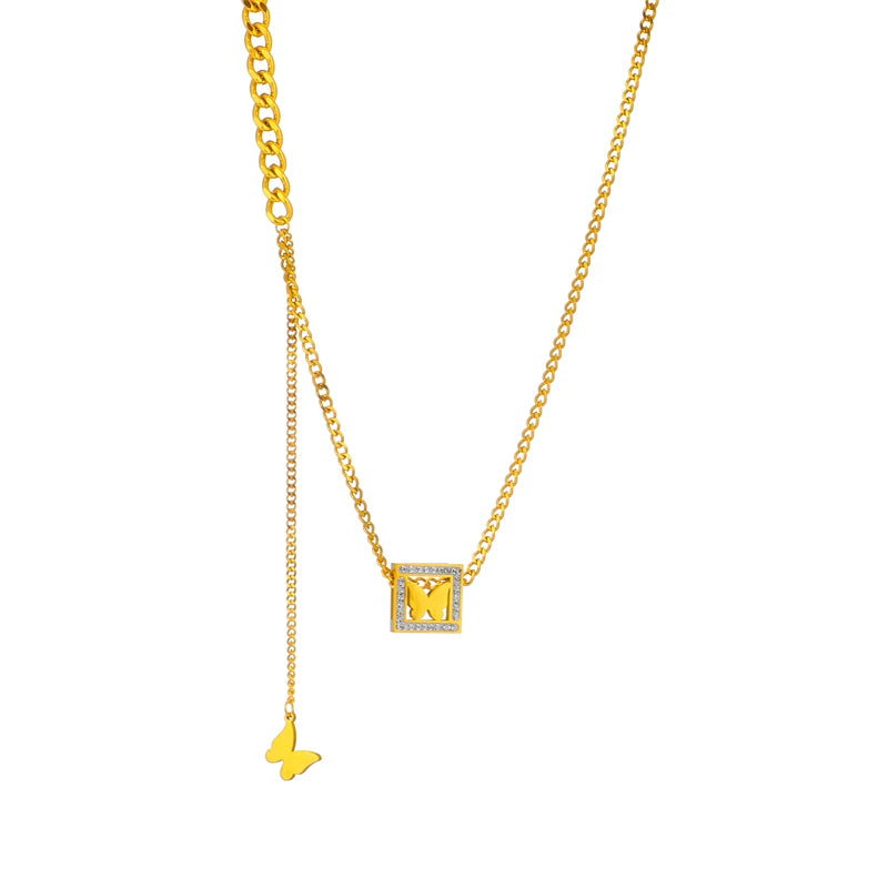 316L Stainless Steel Zircon Butterfly Tassel Choker Necklace