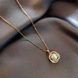 316L Stainless Steel Zircon Wrapped Pearl Charms Choker Necklace