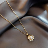 316L Stainless Steel Zircon Wrapped Pearl Charms Choker Necklace