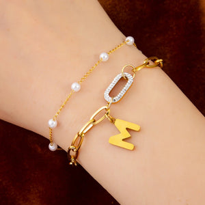 2 Layer Pearl Beaded Zircon Charm Bracelet