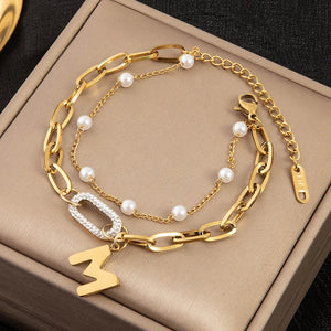 2 Layer Pearl Beaded Zircon Charm Bracelet