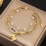 2 Layer Pearl Beaded Zircon Charm Bracelet