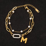 2 Layer Pearl Beaded Zircon Charm Bracelet