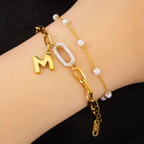 2 Layer Pearl Beaded Zircon Charm Bracelet