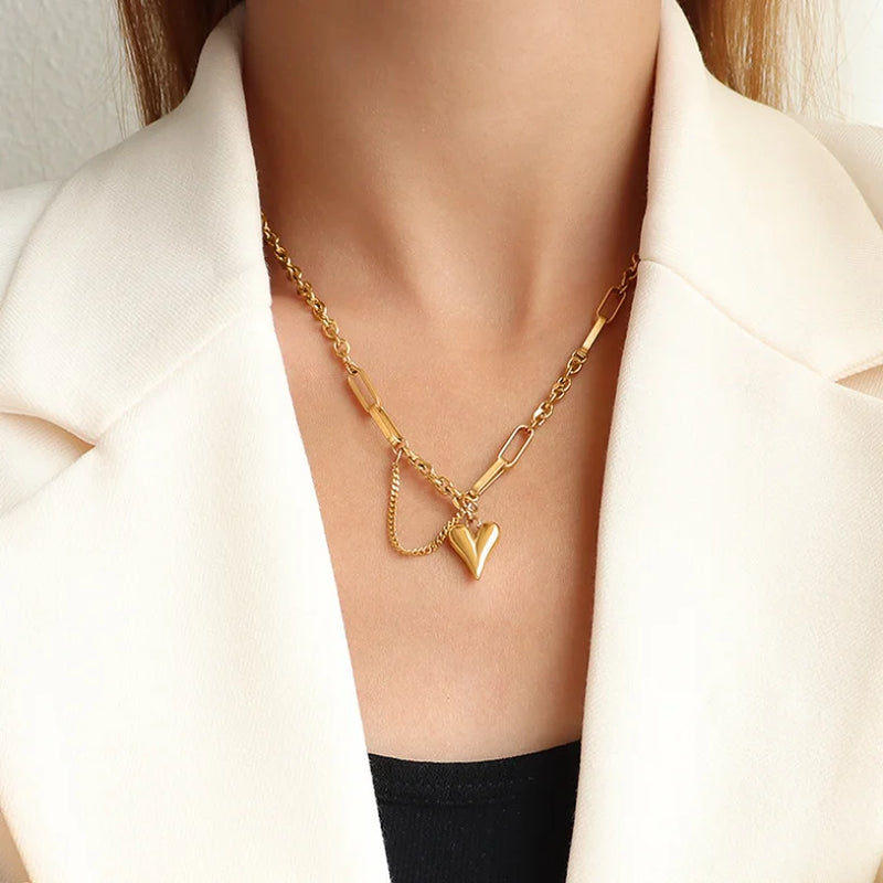 316L Stainless Steel Couple Heart Tassel Charm Chain Choker Necklaces Bracelets