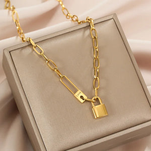 316L Stainless Steel Love Lock Charm Thick Chain Choker Necklace