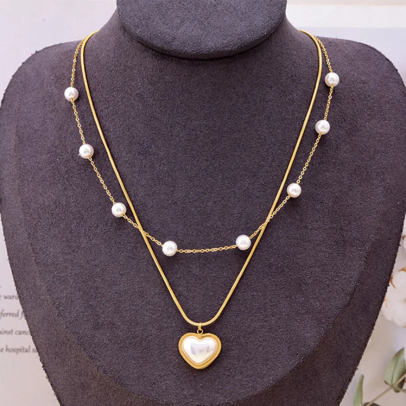 Heart Pearl Beaded Charms Chain Choker Necklace