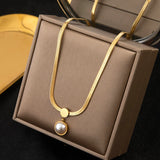 Snake Flat Chain Choker Necklace Pearl Charm Pendant