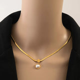 Snake Flat Chain Choker Necklace Pearl Charm Pendant