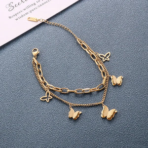 316L Stainless Steel 2 Layer Frosted Butterflys Charm Chain Bracelet