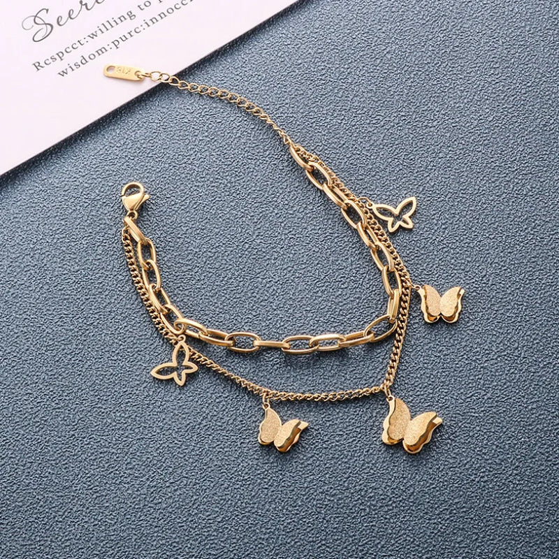 316L Stainless Steel 2 Layer Frosted Butterflys Charm Chain Bracelet