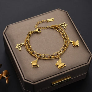 316L Stainless Steel 2 Layer Frosted Butterflys Charm Chain Bracelet