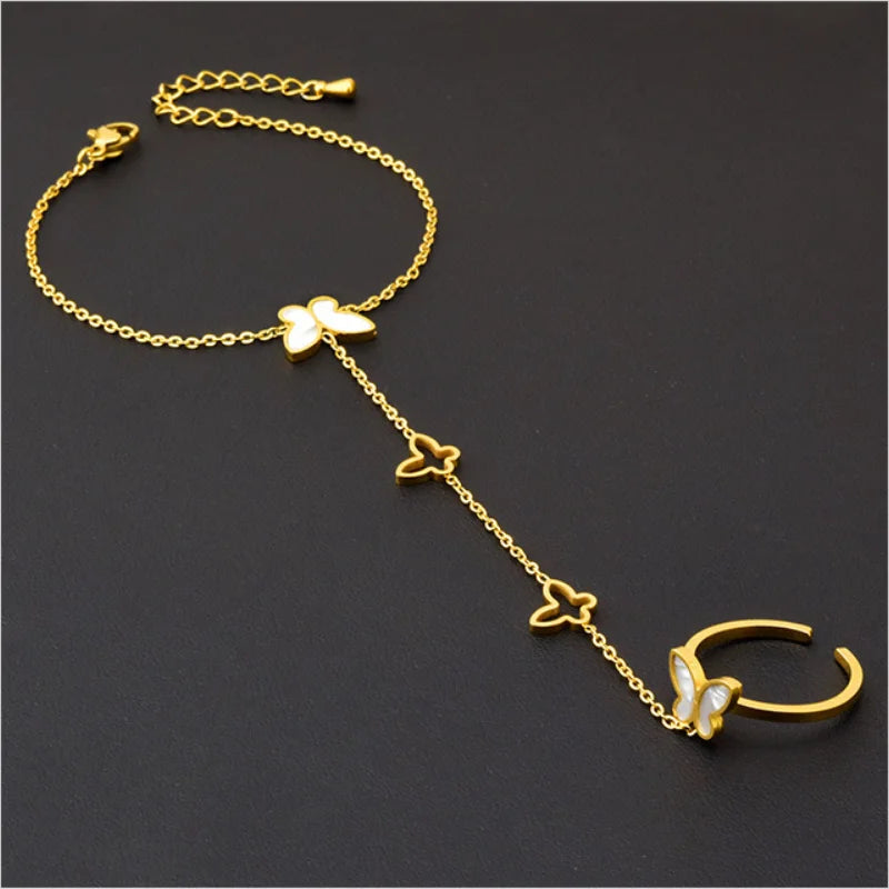 316L Stainless Steel Seashell Butterfly Charm Bracelet with Back Chain Ring