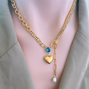 316L SS Water Drop Zircon Heart Choker Necklace Pendant
