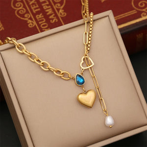 316L SS Water Drop Zircon Heart Choker Necklace Pendant