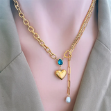 316L SS Water Drop Zircon Heart Choker Necklace Pendant