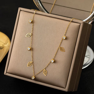 316L Stainless Steel Zircon Many Leaves Chain Choker Necklace for Women