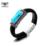 316L Stainless Steel Turquoise Leather Men's Hand Chain Bracelet