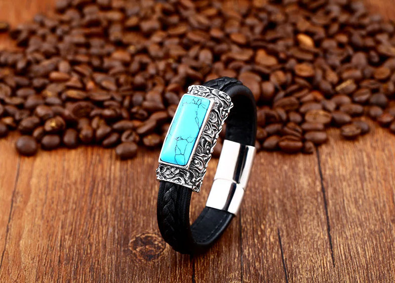 316L Stainless Steel Turquoise Leather Men's Hand Chain Bracelet