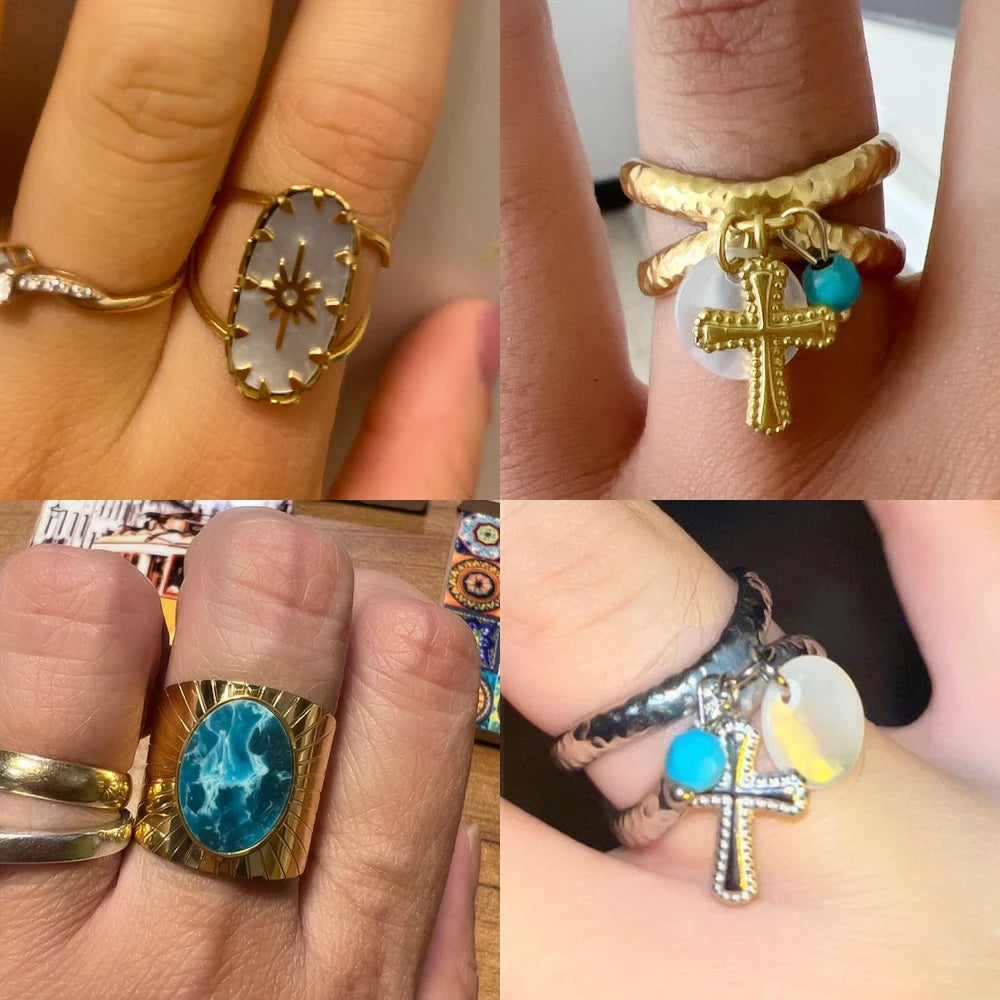 Geometric Wide Chain Open Ring Colorful Stone Stainless Steel Ring