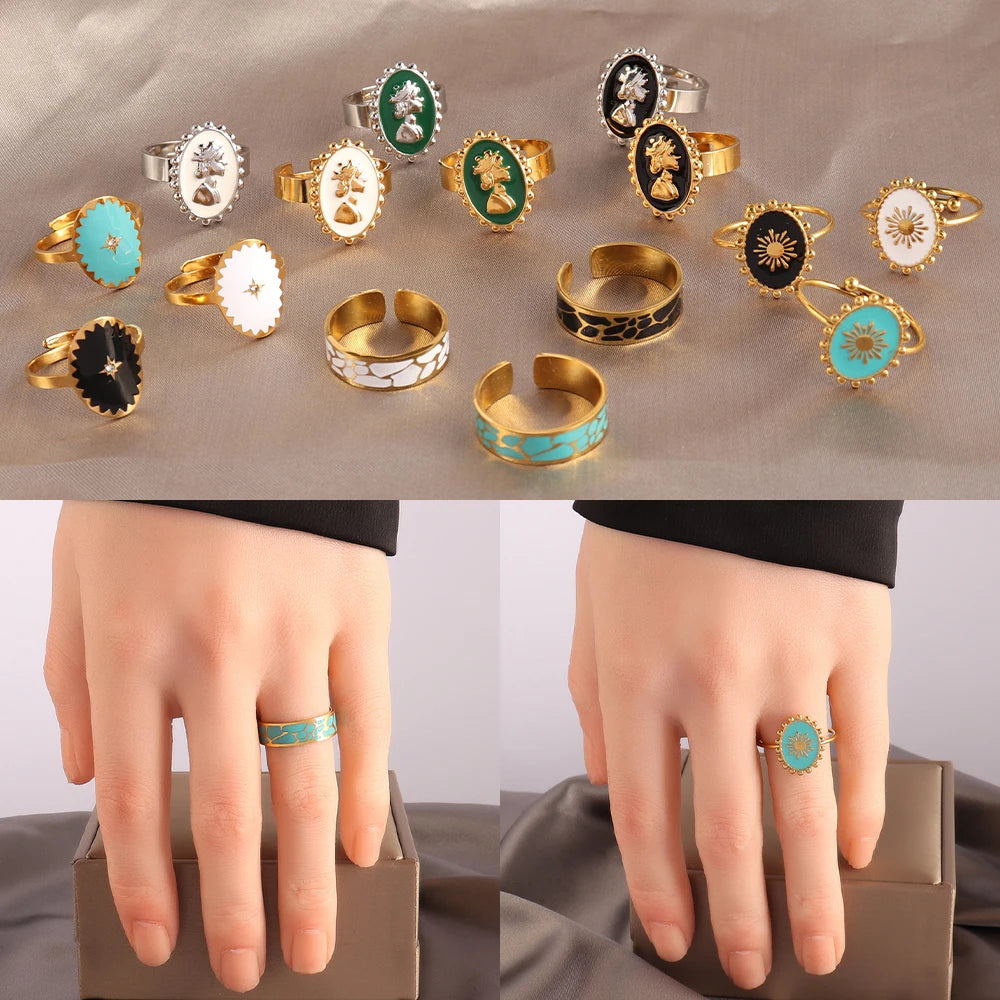 Geometric Wide Chain Open Ring Colorful Stone Stainless Steel Ring