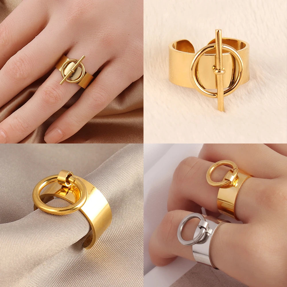 Geometric Wide Chain Open Ring Colorful Stone Stainless Steel Ring