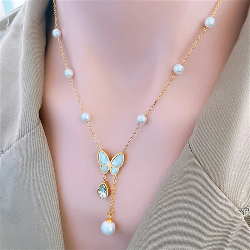316L Stainless Steel Seashells Butterfly Zircon Tassel Pendant Necklace