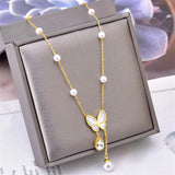 316L Stainless Steel Seashells Butterfly Zircon Tassel Pendant Necklace