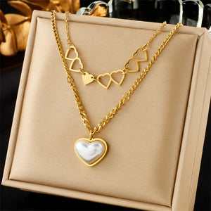 316L Stainless Steel Double Layer Necklace with Pearl Heart Pendant